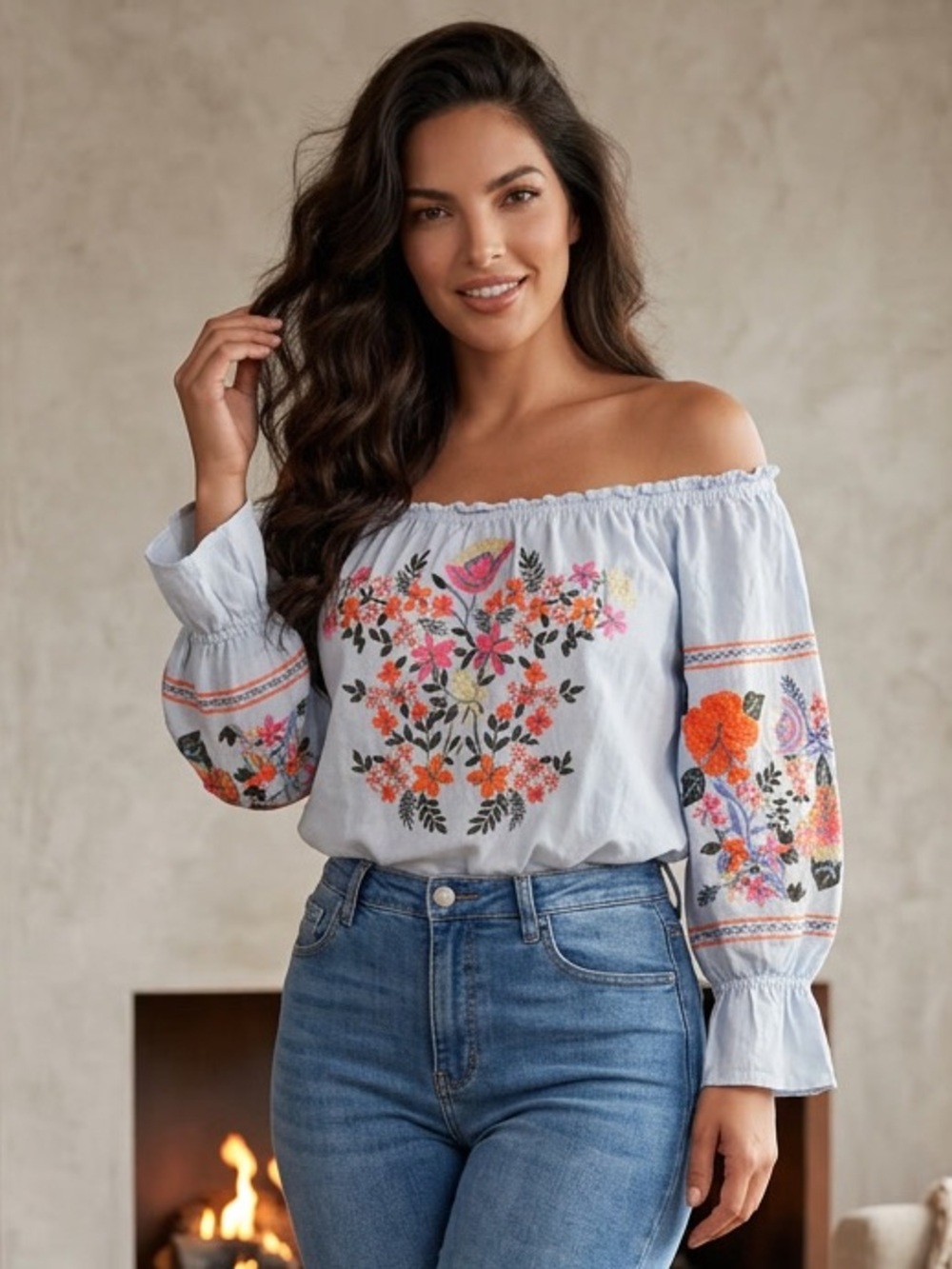 Free People Pale Blue Floral Embroidered Off Shoulder Peasant Blouse M